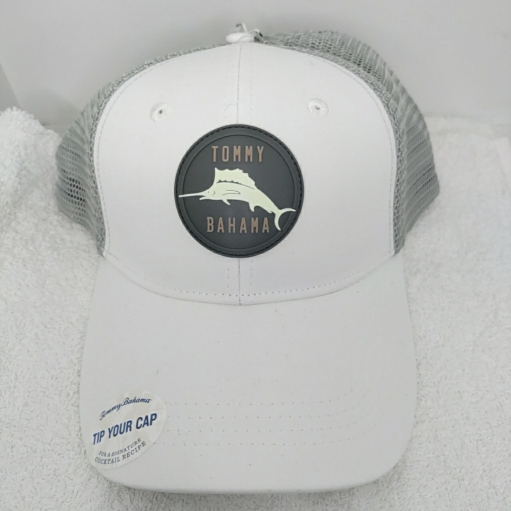 TOMMY BAHAMA “Tip Your Cap” Marlin Logo Trucker Hat White/Grey Men’s *NEW*